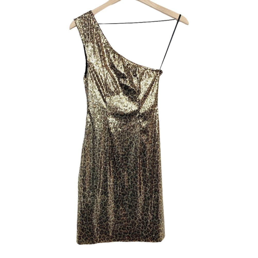 Alexia Admor Sequin Dress XS Animal Print Cocktail One Shoulder Party Gold